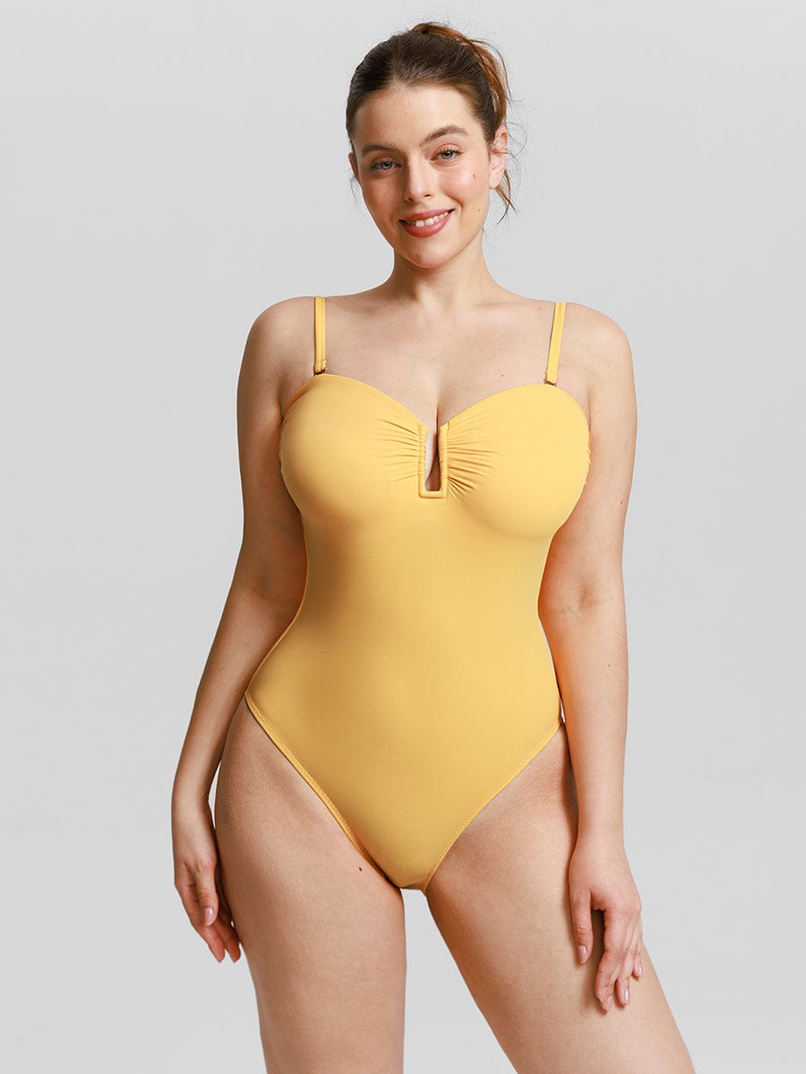 Strapless U Wire Mesh Tummy Control One Piece Swimsuit with Removable Pads