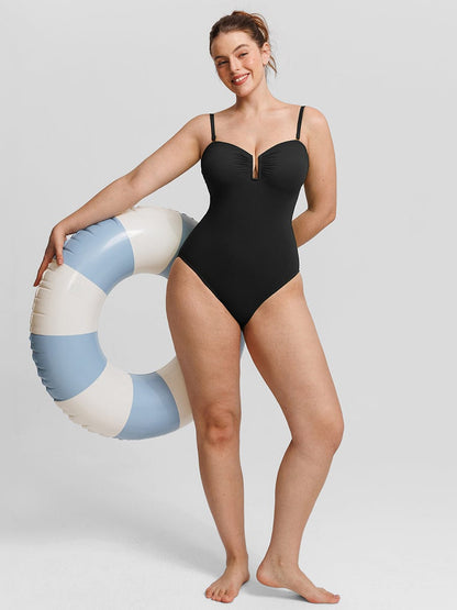 Strapless U Wire Mesh Tummy Control One Piece Swimsuit with Removable Pads