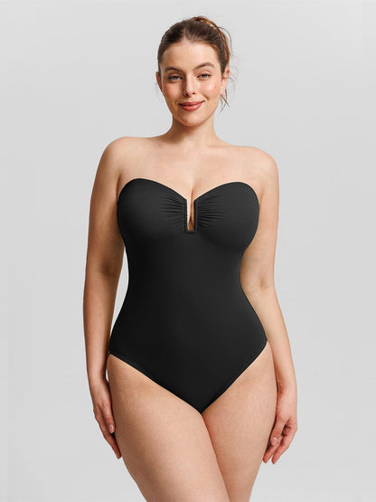 Strapless U Wire Mesh Tummy Control One Piece Swimsuit with Removable Pads