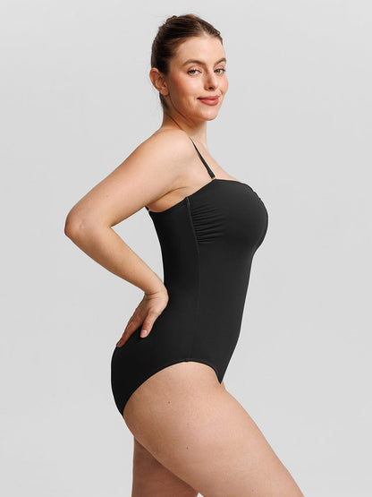 Strapless U Wire Mesh Tummy Control One Piece Swimsuit with Removable Pads