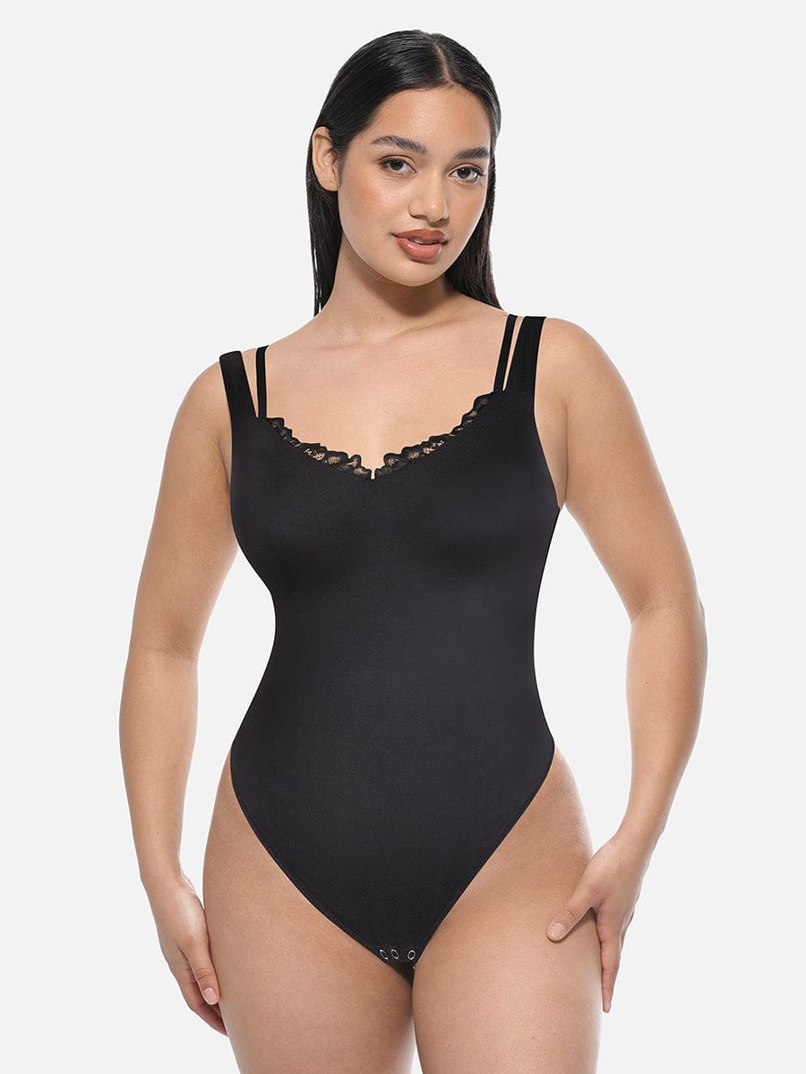 Leopard Print Lace V-Neck Shapewear Bodysuit Tummy Control Thong Shaping Bodysuit for Women with T-Back Design