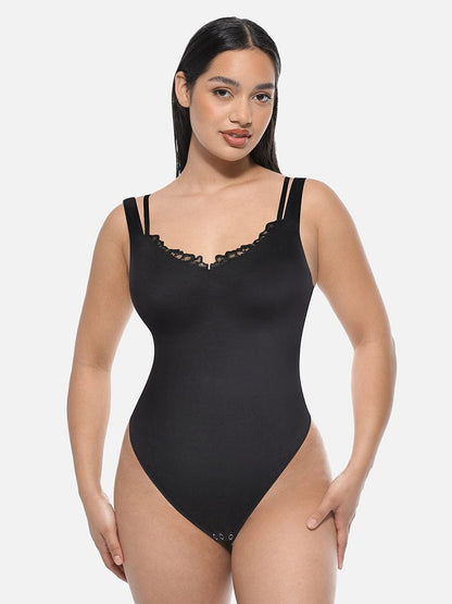 Leopard Print Lace V-Neck Shapewear Bodysuit Tummy Control Thong Shaping Bodysuit for Women with T-Back Design