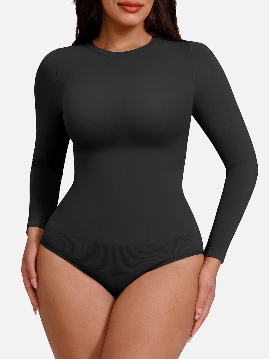 Seamless Crew Neck Long Sleeve Tummy Control Snap Crotch Briefs Shapewear Bodysuit
