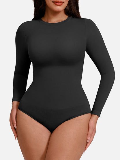 Seamless Crew Neck Long Sleeve Tummy Control Snap Crotch Briefs Shapewear Bodysuit