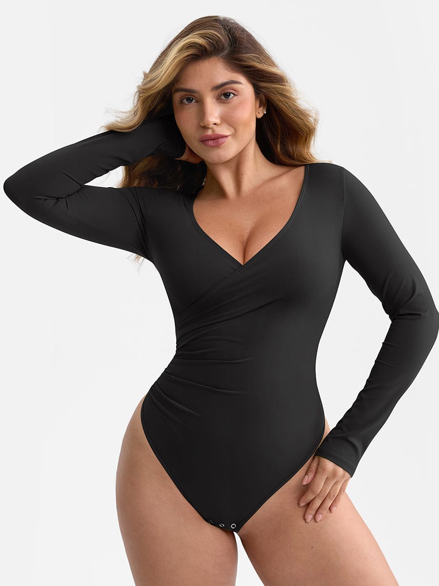 V-neck Overlapping Pleated Shapewear Bodysuit with Tummy Control