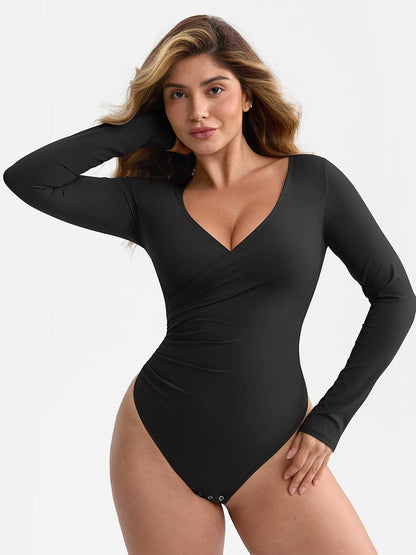 V-neck Overlapping Pleated Shapewear Bodysuit with Tummy Control