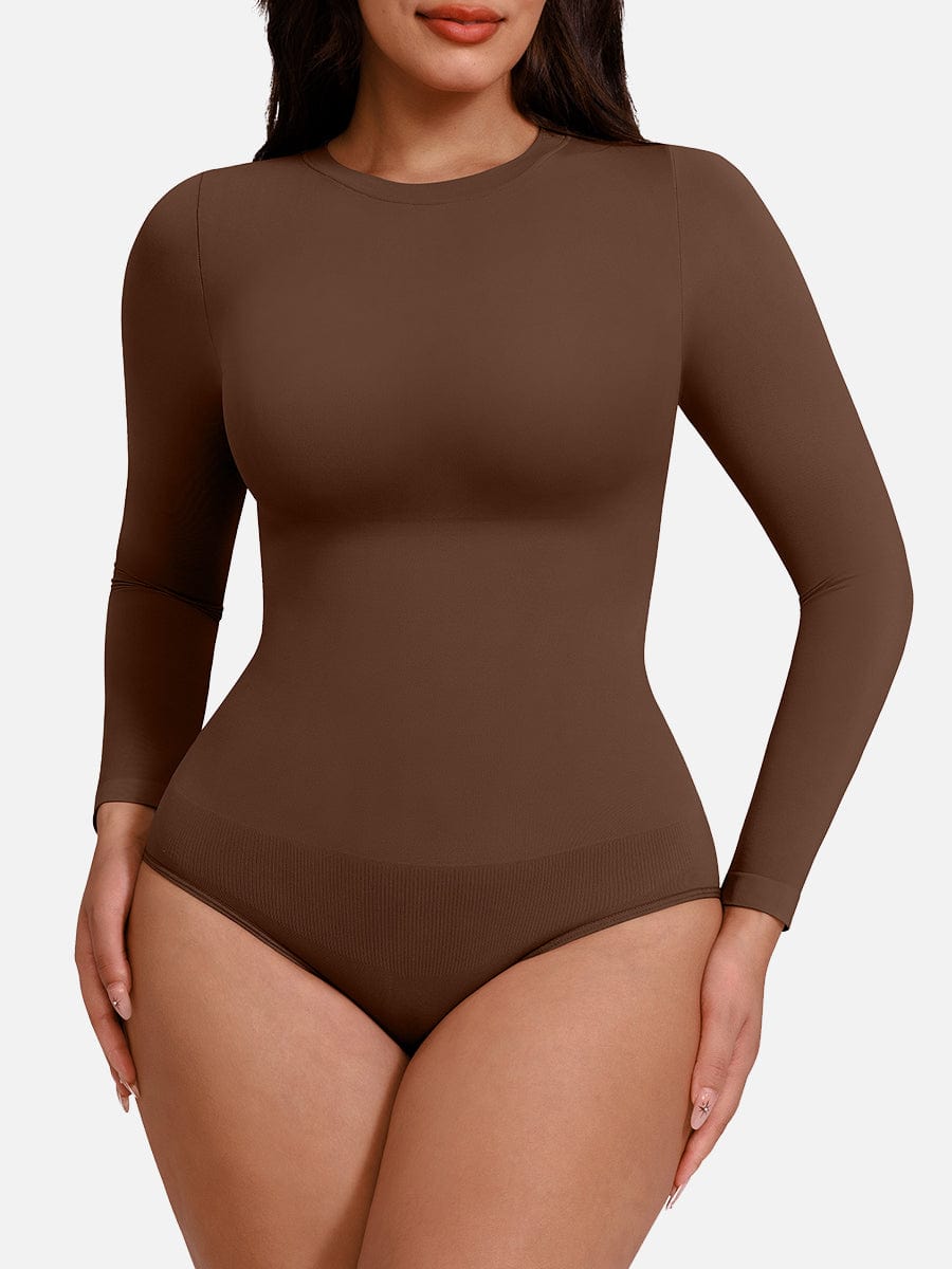 Seamless Crew Neck Long Sleeve Tummy Control Snap Crotch Briefs Shapewear Bodysuit