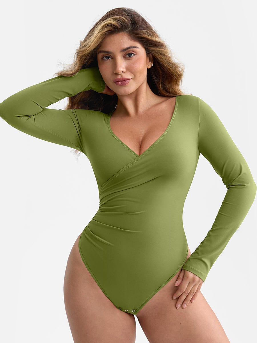 V-neck Overlapping Pleated Shapewear Bodysuit with Tummy Control