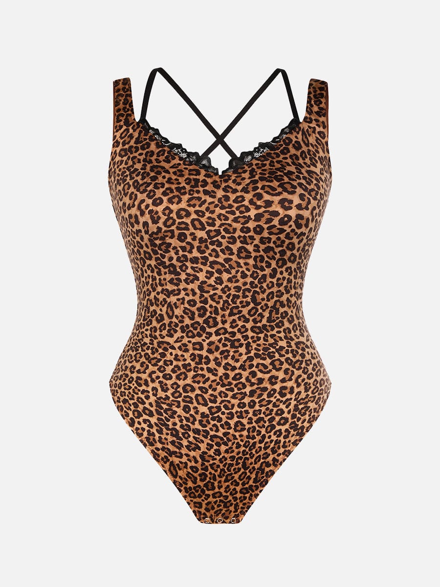 Leopard Print Lace V-Neck Shapewear Bodysuit Tummy Control Thong Shaping Bodysuit for Women with T-Back Design