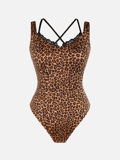 Leopard Print Lace V-Neck Shapewear Bodysuit Tummy Control Thong Shaping Bodysuit for Women with T-Back Design