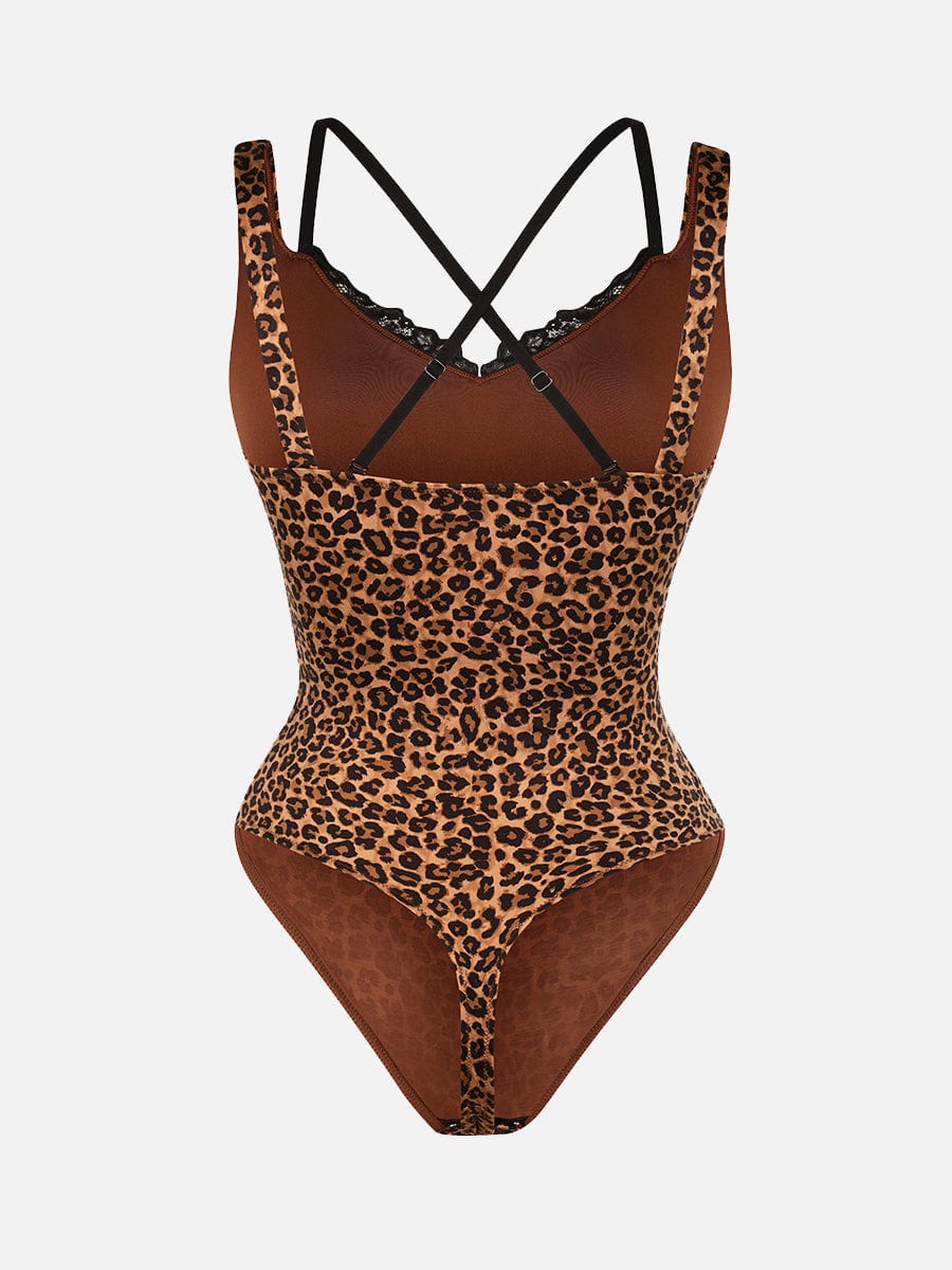 Leopard Print Lace V-Neck Shapewear Bodysuit Tummy Control Thong Shaping Bodysuit for Women with T-Back Design