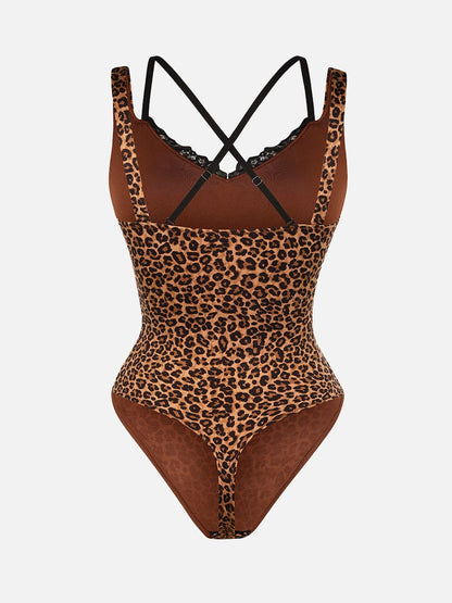 Leopard Print Lace V-Neck Shapewear Bodysuit Tummy Control Thong Shaping Bodysuit for Women with T-Back Design