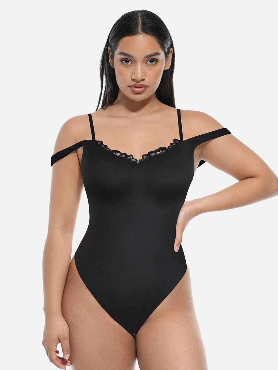 Leopard Print Lace V-Neck Shapewear Bodysuit Tummy Control Thong Shaping Bodysuit for Women with T-Back Design