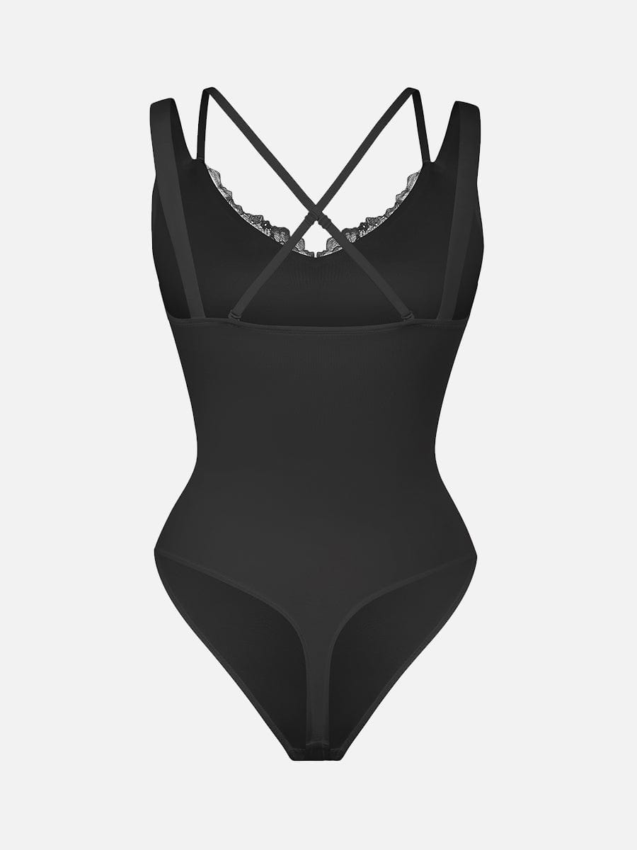 Leopard Print Lace V-Neck Shapewear Bodysuit Tummy Control Thong Shaping Bodysuit for Women with T-Back Design