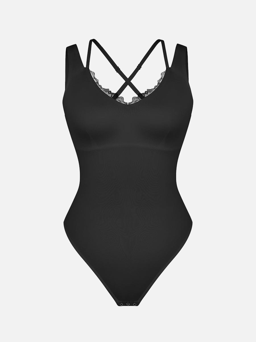 Leopard Print Lace V-Neck Shapewear Bodysuit Tummy Control Thong Shaping Bodysuit for Women with T-Back Design