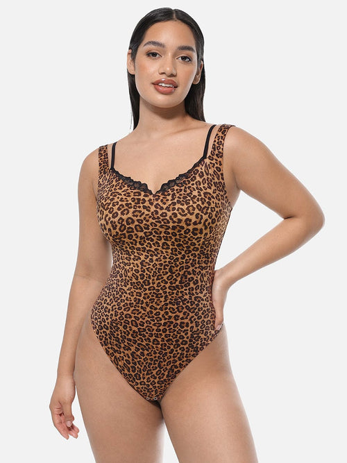 Leopard Print Lace V-Neck Shapewear Bodysuit Tummy Control Thong Shaping Bodysuit for Women with T-Back Design