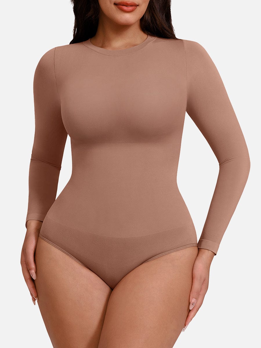 Seamless Crew Neck Long Sleeve Tummy Control Snap Crotch Briefs Shapewear Bodysuit