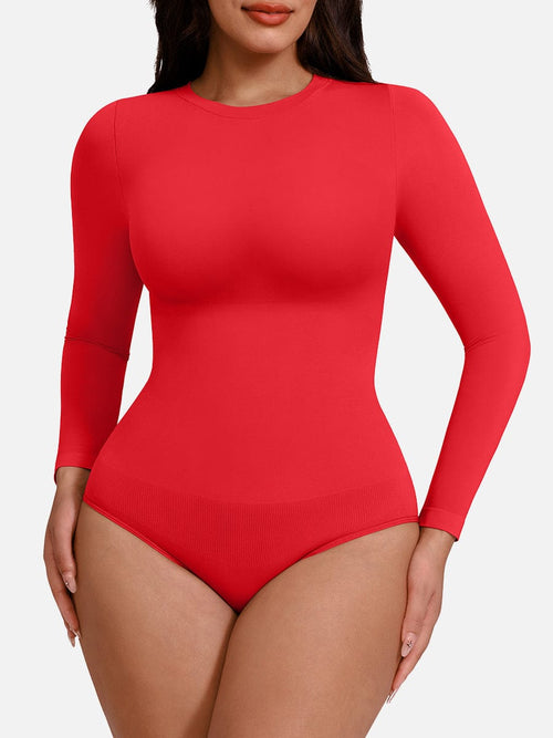 Seamless Crew Neck Long Sleeve Tummy Control Snap Crotch Briefs Shapewear Bodysuit