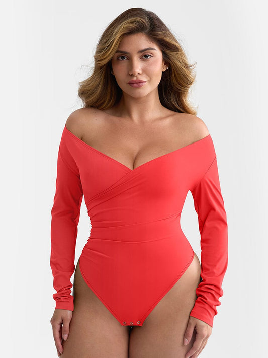 V-neck Overlapping Pleated Shapewear Bodysuit with Tummy Control
