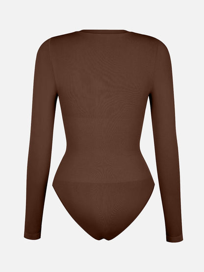 Seamless Crew Neck Long Sleeve Tummy Control Snap Crotch Briefs Shapewear Bodysuit