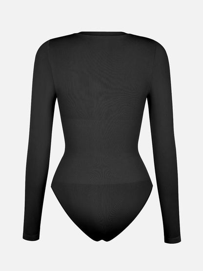Seamless Crew Neck Long Sleeve Tummy Control Snap Crotch Briefs Shapewear Bodysuit