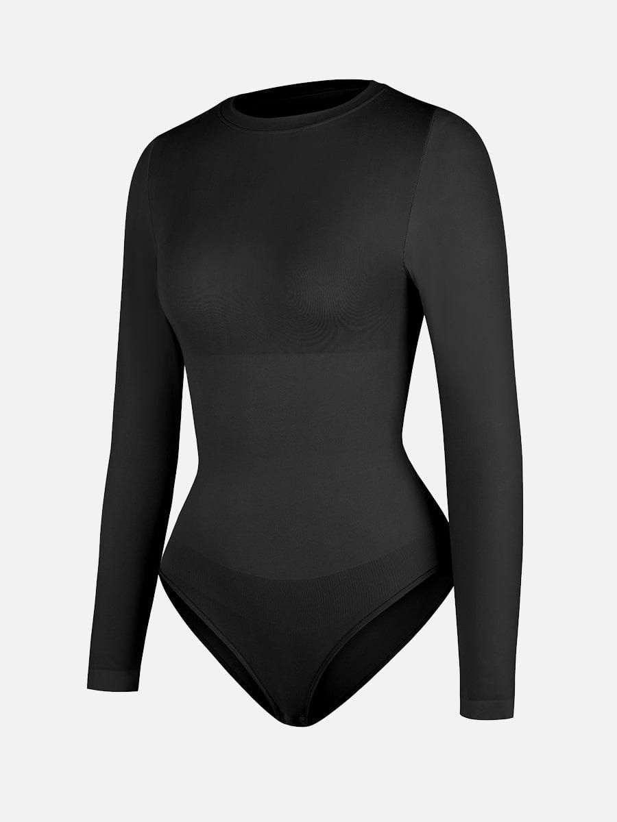 Seamless Crew Neck Long Sleeve Tummy Control Snap Crotch Briefs Shapewear Bodysuit