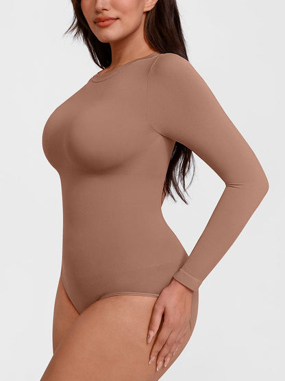 Seamless Crew Neck Long Sleeve Tummy Control Snap Crotch Briefs Shapewear Bodysuit
