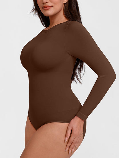 Seamless Crew Neck Long Sleeve Tummy Control Snap Crotch Briefs Shapewear Bodysuit
