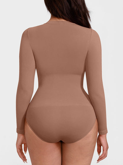Seamless Crew Neck Long Sleeve Tummy Control Snap Crotch Briefs Shapewear Bodysuit