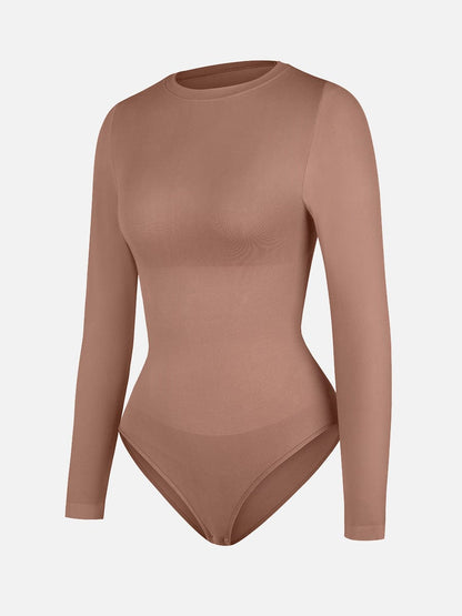 Seamless Crew Neck Long Sleeve Tummy Control Snap Crotch Briefs Shapewear Bodysuit