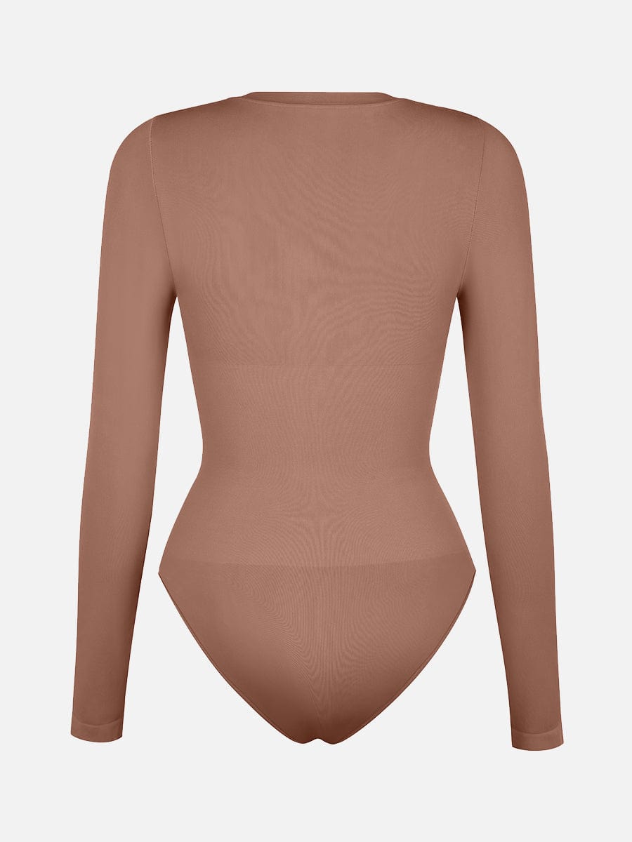 Seamless Crew Neck Long Sleeve Tummy Control Snap Crotch Briefs Shapewear Bodysuit