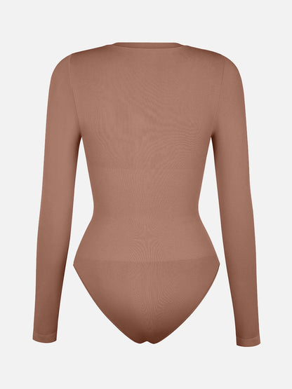 Seamless Crew Neck Long Sleeve Tummy Control Snap Crotch Briefs Shapewear Bodysuit