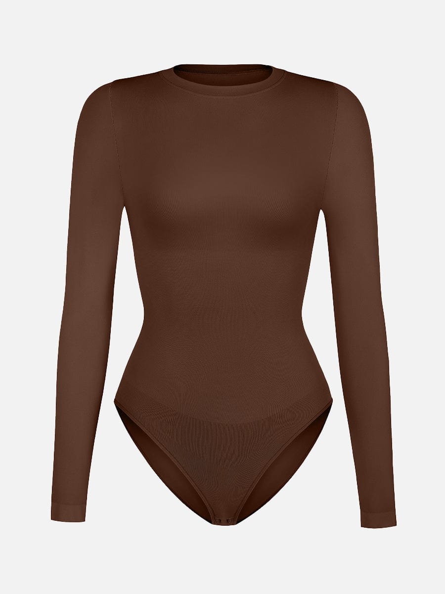 Seamless Crew Neck Long Sleeve Tummy Control Snap Crotch Briefs Shapewear Bodysuit