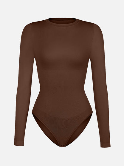 Seamless Crew Neck Long Sleeve Tummy Control Snap Crotch Briefs Shapewear Bodysuit