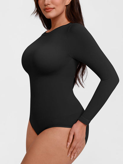 Seamless Crew Neck Long Sleeve Tummy Control Snap Crotch Briefs Shapewear Bodysuit