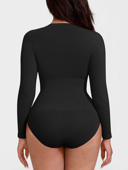 Seamless Crew Neck Long Sleeve Tummy Control Snap Crotch Briefs Shapewear Bodysuit