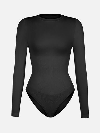 Seamless Crew Neck Long Sleeve Tummy Control Snap Crotch Briefs Shapewear Bodysuit