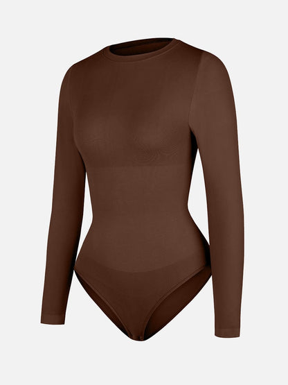 Seamless Crew Neck Long Sleeve Tummy Control Snap Crotch Briefs Shapewear Bodysuit