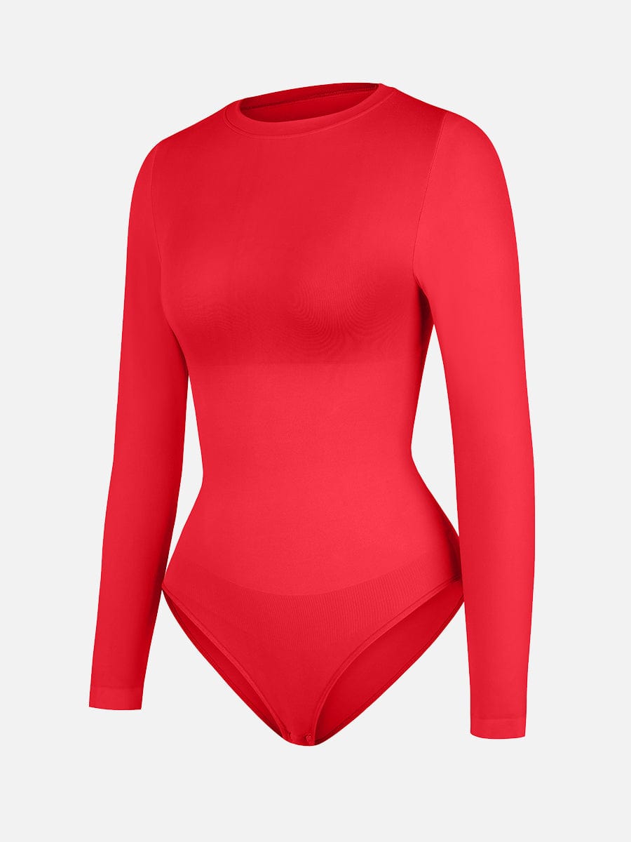 Seamless Crew Neck Long Sleeve Tummy Control Snap Crotch Briefs Shapewear Bodysuit