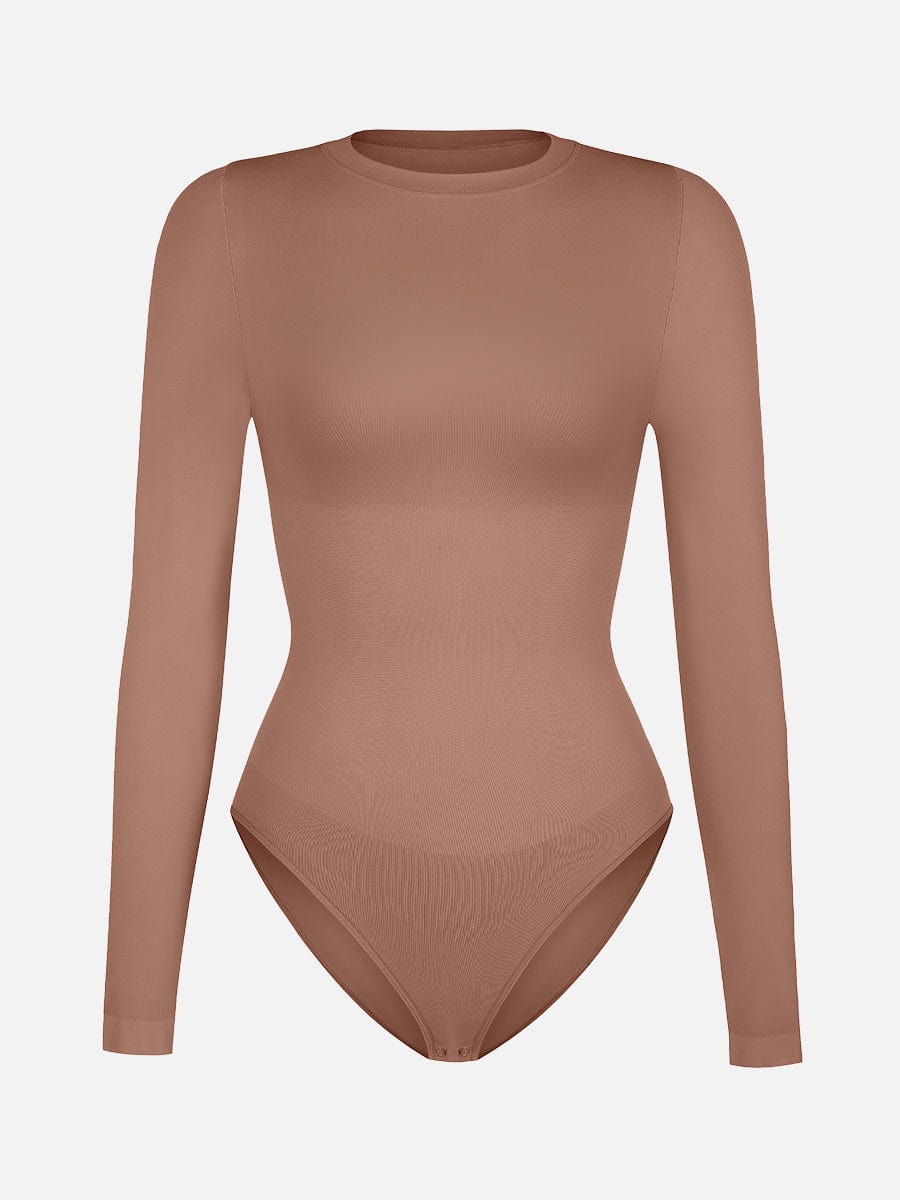 Seamless Crew Neck Long Sleeve Tummy Control Snap Crotch Briefs Shapewear Bodysuit