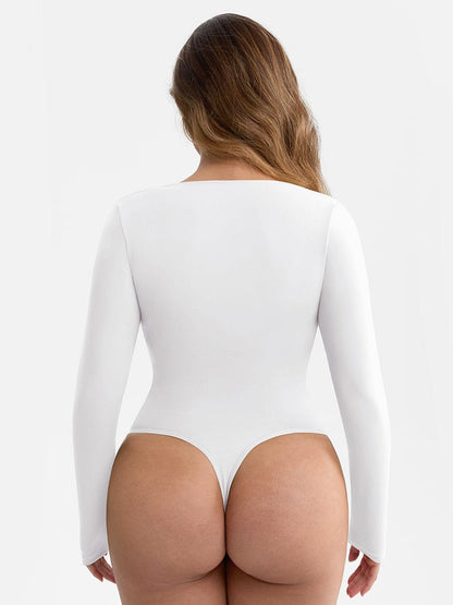 V-neck Overlapping Pleated Shapewear Bodysuit with Tummy Control