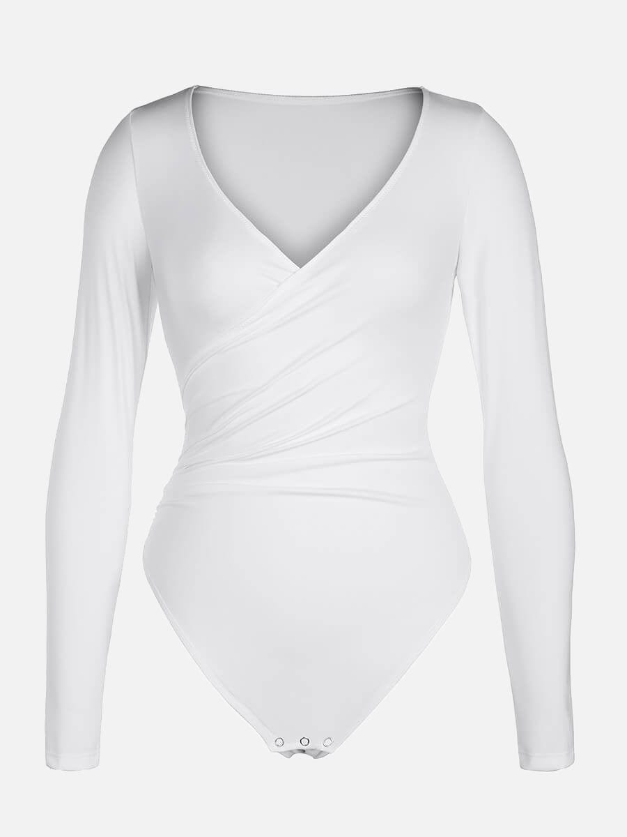 V-neck Overlapping Pleated Shapewear Bodysuit with Tummy Control