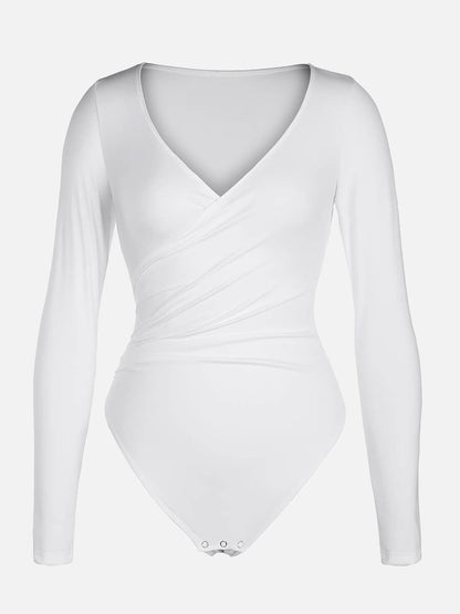 V-neck Overlapping Pleated Shapewear Bodysuit with Tummy Control