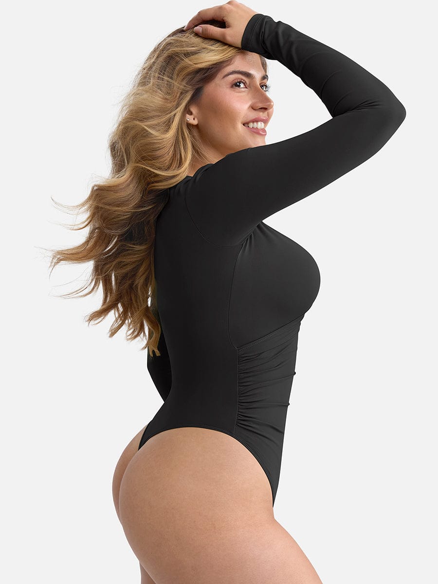 V-neck Overlapping Pleated Shapewear Bodysuit with Tummy Control