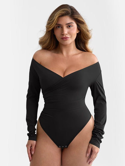 V-neck Overlapping Pleated Shapewear Bodysuit with Tummy Control
