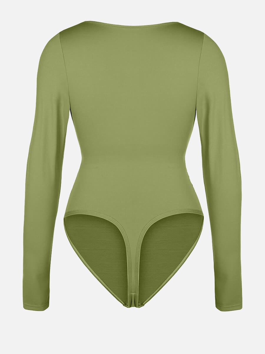 V-neck Overlapping Pleated Shapewear Bodysuit with Tummy Control