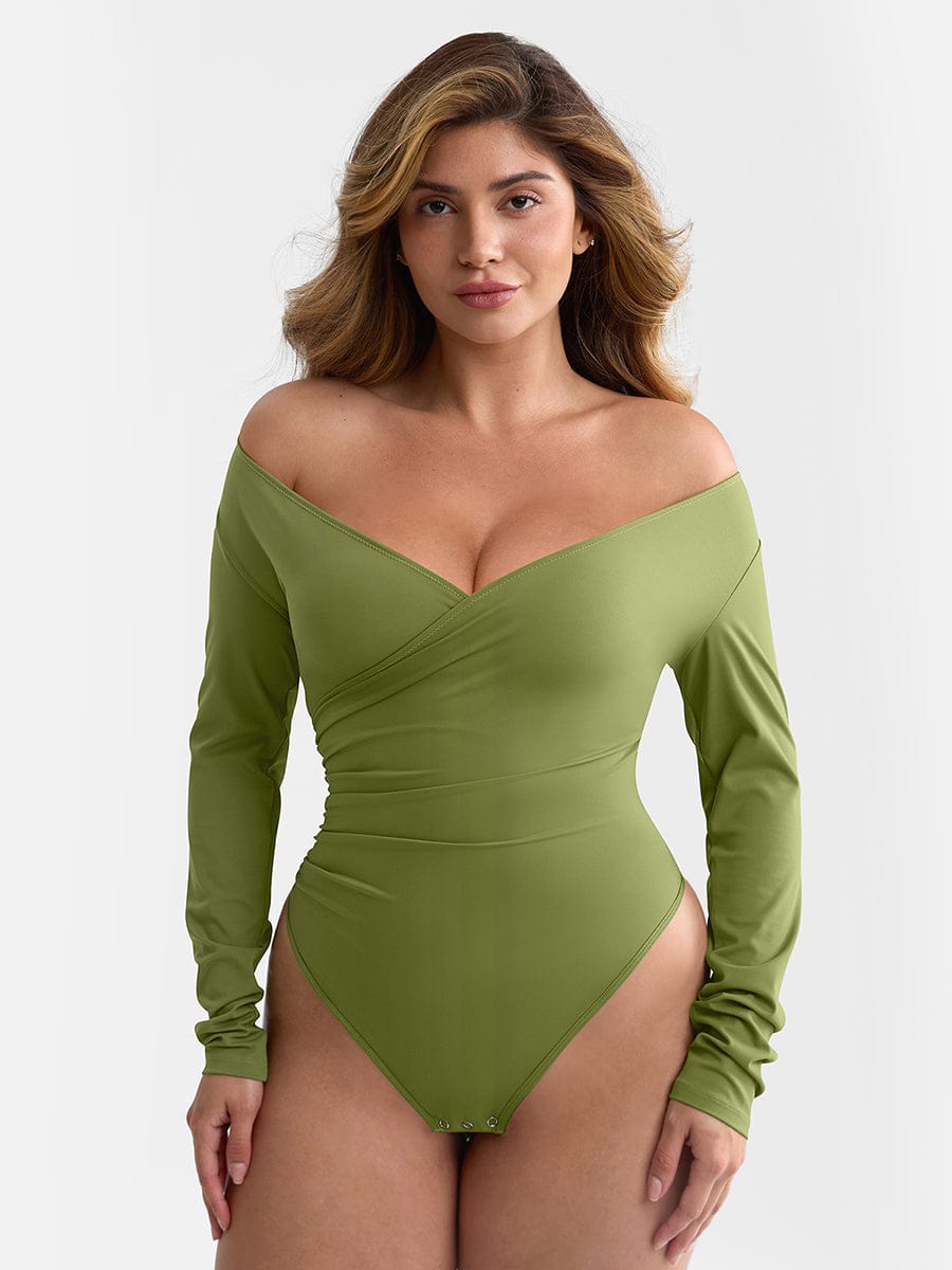 V-neck Overlapping Pleated Shapewear Bodysuit with Tummy Control