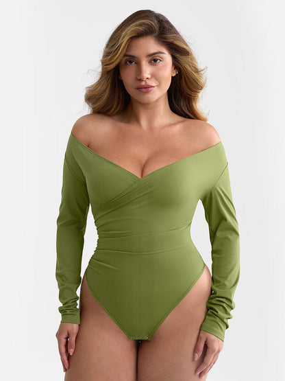 V-neck Overlapping Pleated Shapewear Bodysuit with Tummy Control