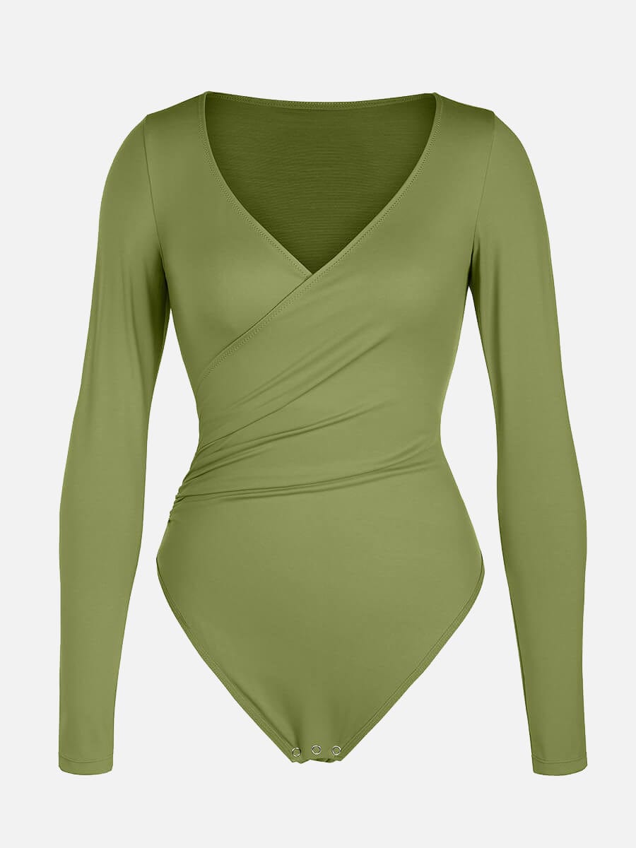 V-neck Overlapping Pleated Shapewear Bodysuit with Tummy Control