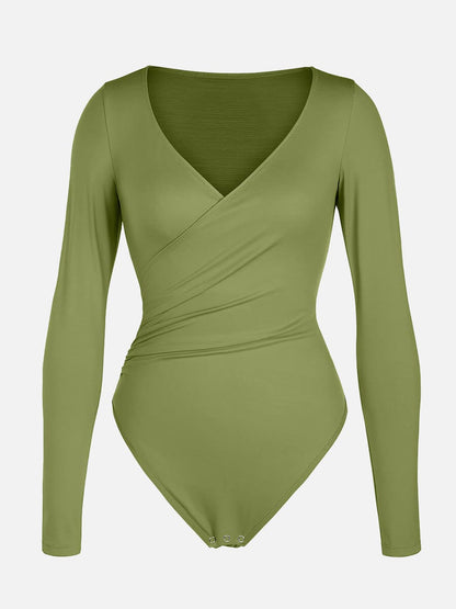 V-neck Overlapping Pleated Shapewear Bodysuit with Tummy Control